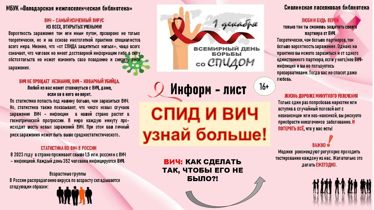 Смолинская библиотека: информационный лист «СПИД и ВИЧ — узнай больше!» / 16+